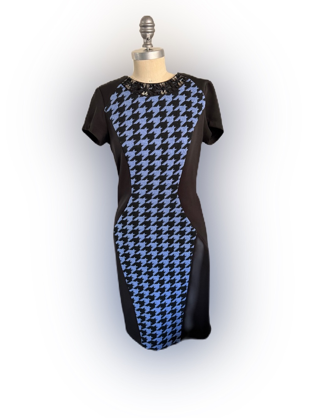 Trulli Black and Blue Cap Sleeve Dress  Houndstooth With Beaded Collar. Size 4